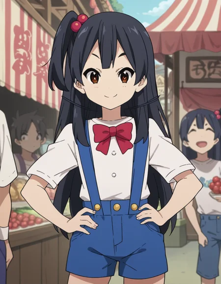 score_9, score_8_up, score_7_up, source_anime, <lora:anko-kitashirakawa-s1-ponyxl-lora-nochekaiser:1>, anko kitashirakawa, long hair, black hair, hair ornament, brown eyes, one side up, hair bobbles,, suspenders, shirt, white shirt, bowtie, red bowtie, buttons, shorts, blue shorts,, market, stalls, people, food, trade, smile, smug, hand on own hip,, looking at viewer, solo,, dutch angle, cowboy shot