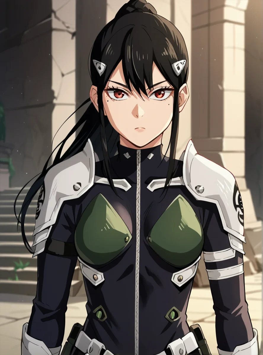 , score_9, score_8_up, score_7_up, score_6_up, score_5_up, score_4_up, source_anime, masterpiece , anime screencap, absurdres, <lora:MinaAshiro:0.8>minaashiro, black hair, ponytail, long hair, hair ornament, mole under eye, mole, red eyes bodysuit, armor, wide_hips upper body, destroyed_city ruins, looking at viewer, expressionless,