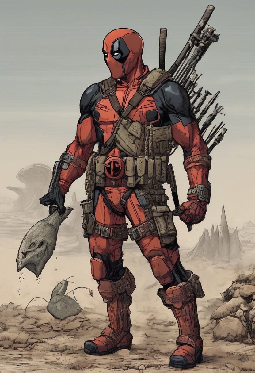 Deadpool \(Marvel Comics\) reimagined by (William Stout:1.2) features a distinct paleontological twist. His suit, traditionally red and black, now has a (textured, fossil-like appearance:1.3), mimicking ancient bones embedded within the fabric. (Armored scales:1.2) replace smooth areas, suggesting a prehistoric armor. Deadpool's (tactical belt:1.1) is adorned with (ornate, fossilized artifacts:1.2), and his weapons resemble (stone and bone tools:1.2). He stands in a (deserted landscape:1.2) scattered with (dinosaur skeletons and arid flora:1.3), blending action and ancient history in Stout's detailed, illustrative style.