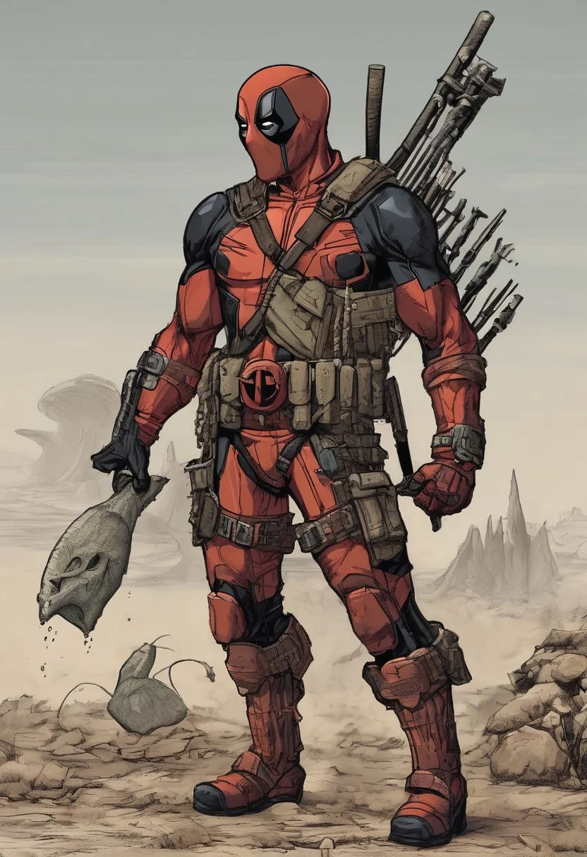 Deadpool \(Marvel Comics\) reimagined by (William Stout:1.2) features a distinct paleontological twist. His suit, traditionally red and black, now has a (textured, fossil-like appearance:1.3), mimicking ancient bones embedded within the fabric. (Armored scales:1.2) replace smooth areas, suggesting a prehistoric armor. Deadpool's (tactical belt:1.1) is adorned with (ornate, fossilized artifacts:1.2), and his weapons resemble (stone and bone tools:1.2). He stands in a (deserted landscape:1.2) scattered with (dinosaur skeletons and arid flora:1.3), blending action and ancient history in Stout's detailed, illustrative style.