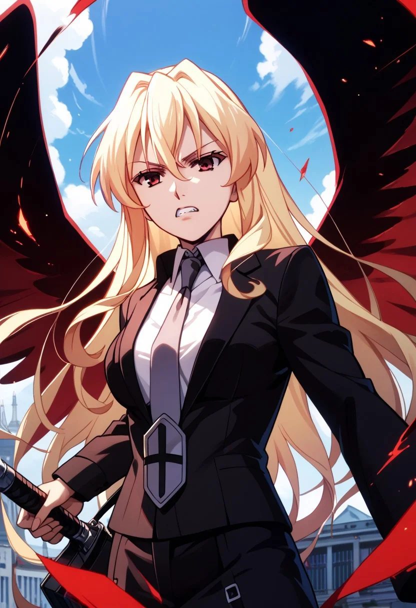 score_9,score_8_up,score_7_up,source_anime,Leticia Draculea (Adult),1girl,solo,weapon,teeth,wings,necktie,parody,formal,suit,black wings,