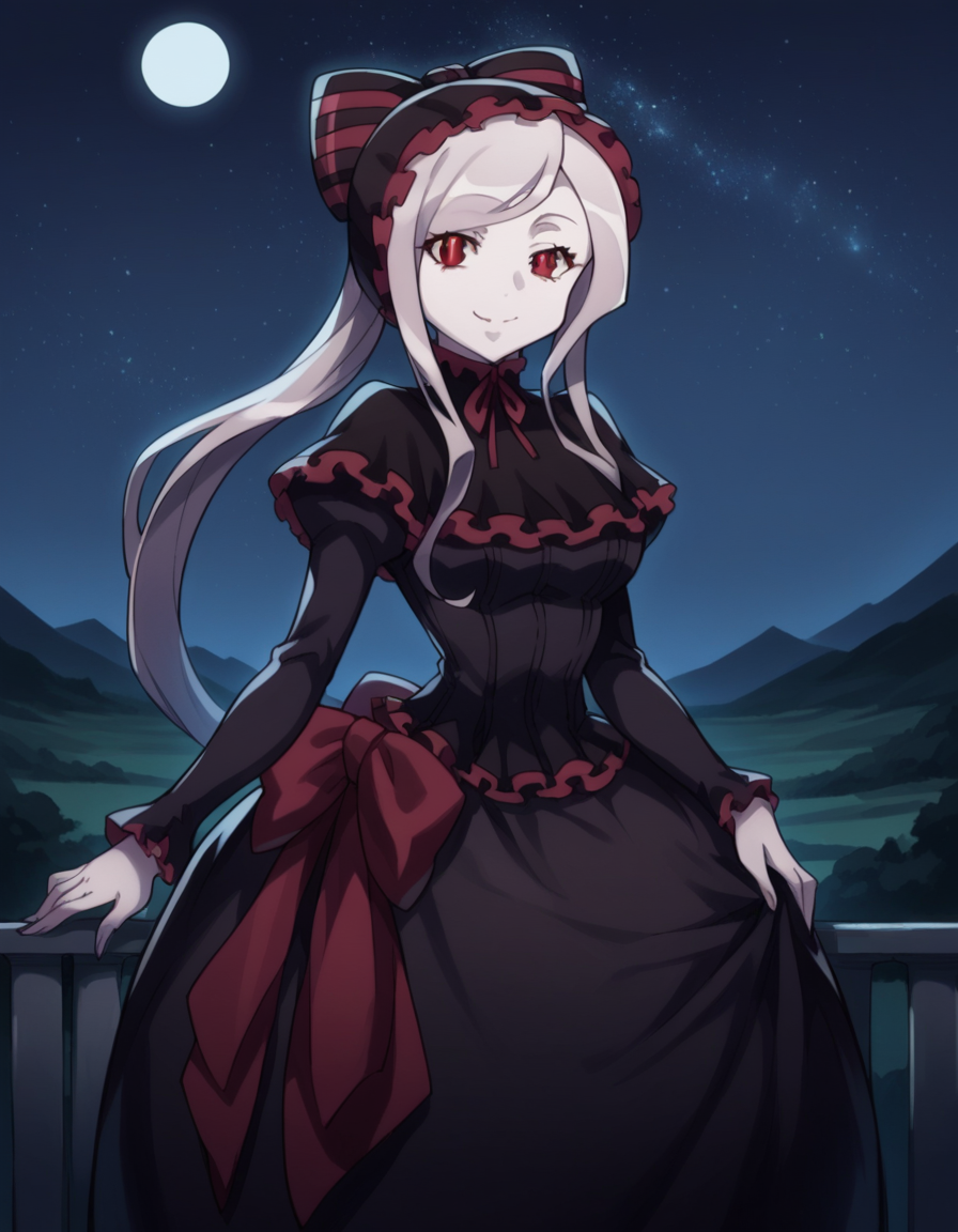 score_9, score_8_up, score_7_up, source_anime,
shalltear, <lora:shalltear-bloodfallen-s1s2-ponyxl-lora-nochekaiser:1>,
shalltear, grey hair, long hair, red eyes, silver hair,
black dress, bonnet, bow, dress, frilled dress, frills, large bow, long sleeves, vampire,
outdoors, landscape, night, moon, starry sky, smile,
looking at viewer, cowboy shot, solo, dutch angle,