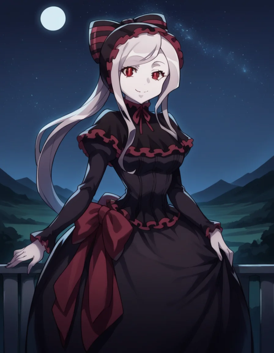 score_9, score_8_up, score_7_up, source_anime,
shalltear, <lora:shalltear-bloodfallen-s1s2-ponyxl-lora-nochekaiser:1>,
shalltear, grey hair, long hair, red eyes, silver hair,
black dress, bonnet, bow, dress, frilled dress, frills, large bow, long sleeves, vampire,
outdoors, landscape, night, moon, starry sky, smile,
looking at viewer, cowboy shot, solo, dutch angle,