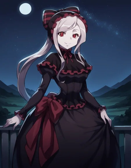 score_9, score_8_up, score_7_up, source_anime,
shalltear, <lora:shalltear-bloodfallen-s1s2-ponyxl-lora-nochekaiser:1>,
shalltear, grey hair, long hair, red eyes, silver hair,
black dress, bonnet, bow, dress, frilled dress, frills, large bow, long sleeves, vampire,
outdoors, landscape, night, moon, starry sky, smile,
looking at viewer, cowboy shot, solo, dutch angle,