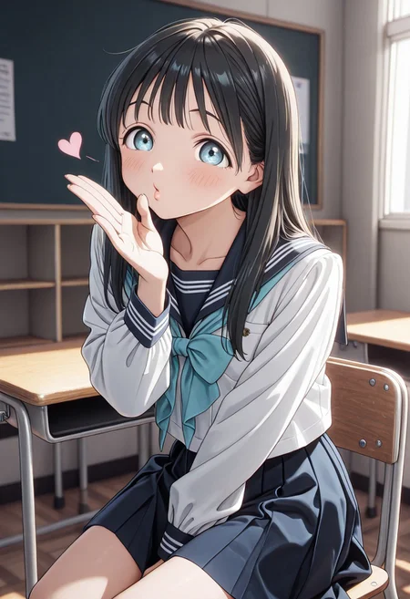 solo, woman, komichi_akebi, sailor, blow kiss, sitting, classroom, high quality, best quality, masterpiece, 4k resolution, anime