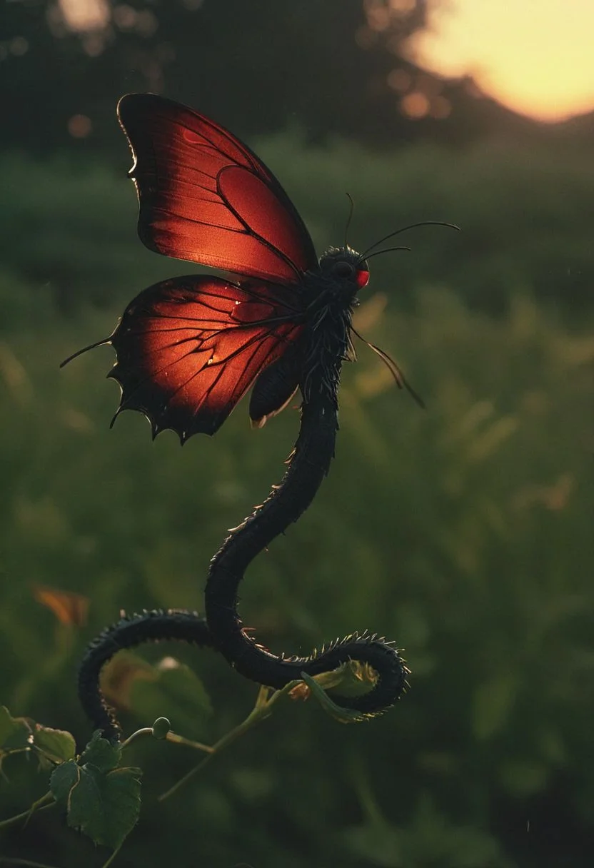 subsurface scattering, small flying black fiery poison dragonlike lindworm detailed closeup, spread His Large Butterflies leaf-Wings, spitting fire, infront of Sunset, ral-smoldino, 
atmospheric haze, Film grain, cinematic film still, shallow depth of field, highly detailed, high budget, cinemascope, moody, epic, OverallDetail, 2000s vintage RAW photo, photorealistic, candid camera, color graded cinematic, atmospheric lighting, imperfections, natural, shallow dof