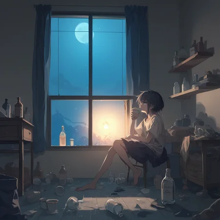 score_9, score_8_up, score_7_up, score_6_up, score_5_up, score_4_up, zPDXL2,source_anime,rating_questionable, 1girl, solo, night, <lora:Messy_Room:0.8> m3ss, indoors, messy room, cup, bottle, window,mess