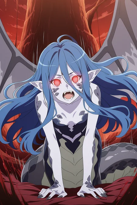 anime screencap, anime coloring, detailed face, masterpiece, best quality, very aesthetic, absurdres, volumetric lighting, official style, amazing quality, ultra detailed, highres, amazing quality, scenery, beautiful detailed hair, beautiful detailed eyes, defined fingers
<lora:StS-Illustrious-Detail-Slider-v1.0:4>
<lora:Wiene_Is_It_Wrong_to_Try_to_Pick_Up_Girls_in_a_Dungeon:.8>
transformed appearance, Wiene (character), 1girl, wings, pointy ears, red eyes, solo, monster girl, solid eyes, glowing eyes, long hair, blue hair, blood, breasts, grey skin, open mouth, roar, fangs, teeth, hair between eyes, scales, leaning in toward the viewer, (motion lines, motion blur, impact lines:1.1)