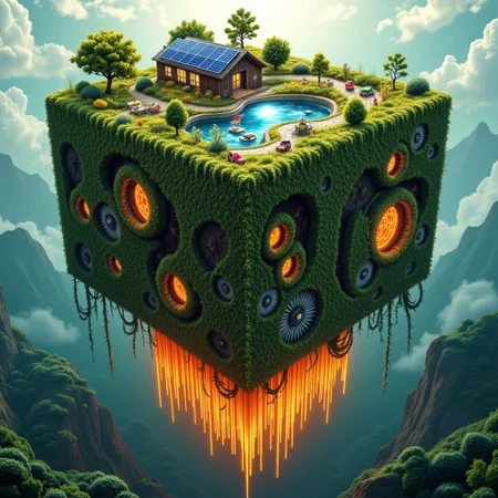 M1CR0CUB3D, aidmafluxpro1.1, A cubed rainforest overtaken by symbiotic machines. Vines grow through turbine wheels and solar panels bloom like flowers. Below: a glowing root-server system powered by photosynthetic canopy capture. Palette: vivid greens, copper, bioluminescent orange. Style: eco-mechanical utopia, jungle-tech integration, high saturation botanical detail.