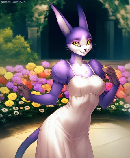 solo, miadothack, female, yellow eyes, whiskers, white dress, smile, flower garden, detailed background, by iskra, highly detailed, masterpiece, realistic, <lora:MiaDotHackXL_05-Noob-nd32-na32-lr2-ep20:1>