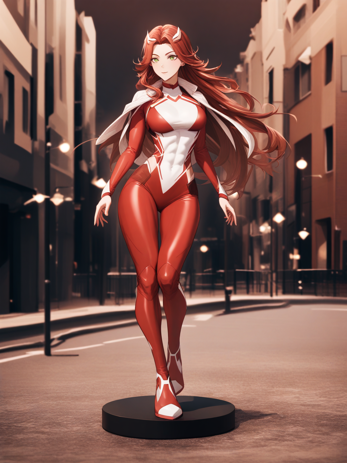 masterpiece, best quality, very aesthetic, absurdres,   .,, Wanda Maximoff, (Height, Approximately 5 feet 7 inches (170 cm), balanced and elegant stature:1),  (Build, Slim and toned, with a graceful and proportionate figure:1), (Hair, Long, wavy, auburn hair that cascades past her shoulders. hair appears more reddish, Hair leans towards brown:1), (Eyes, Hazel or green eyes, expressive and piercing, often glowing red when sheâs using her powers:1),  (Skin, Fair complexion with a smooth and radiant appearance:1), . , <lora:skyline-abstract:0.5>,  (cityscape, city, city lights, skyline, street, street view:0.7), background, abstract background,