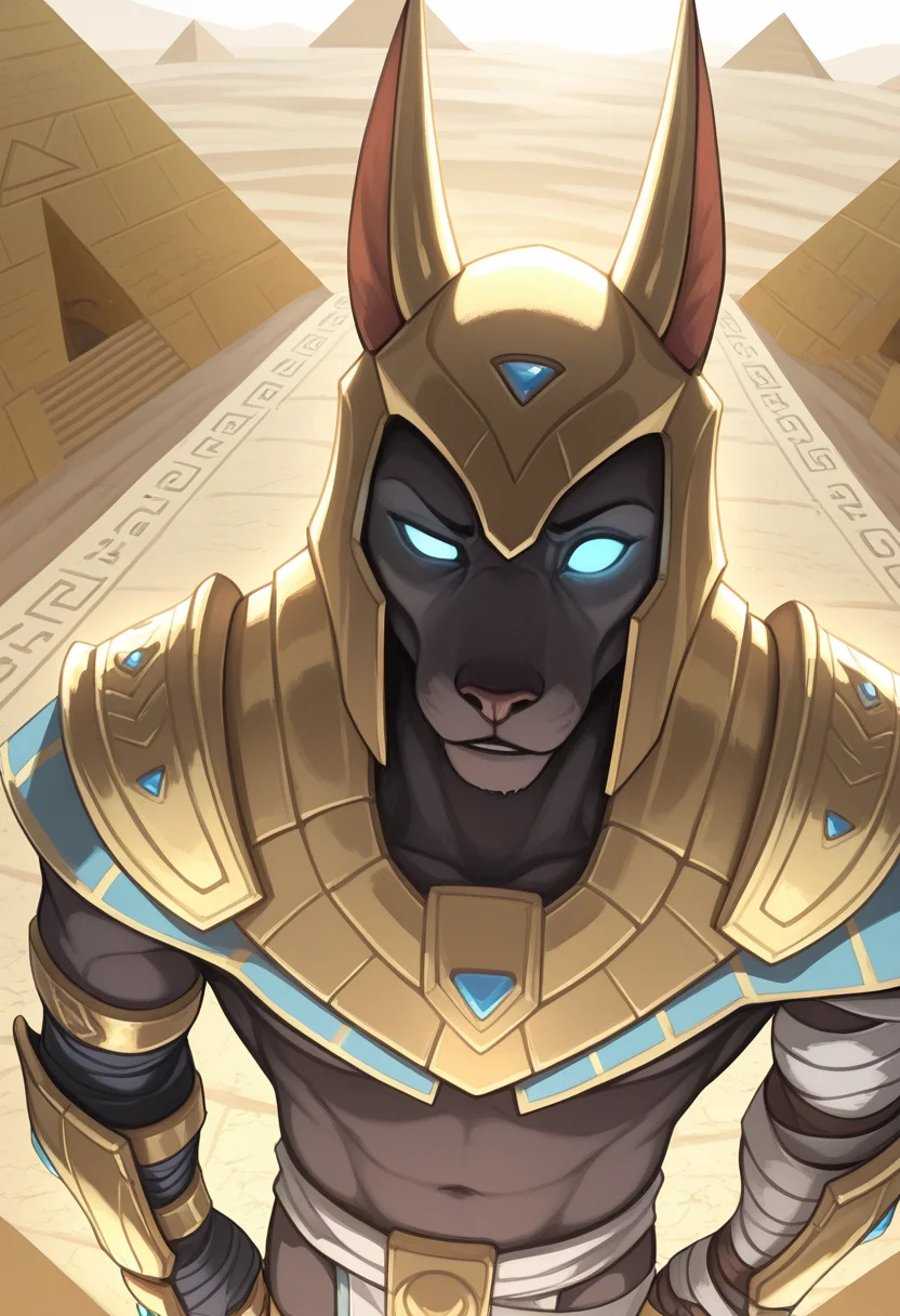masterpiece, best quality, amazing quality, very aesthetic, absurdres, ds0d,
1boy, nasuspdxl, male focus, helmet, solo, armor, loincloth, gauntlets, blue eyes, no pupils, colored sclera, glowing eyes, pyramids, bandages, from above, scorn, upper body, raised eyebrow, <lora:Nasus_NAI:0.8> <lora:DarkSideOfDiscovery_Style_V1_ILXL:0.7>