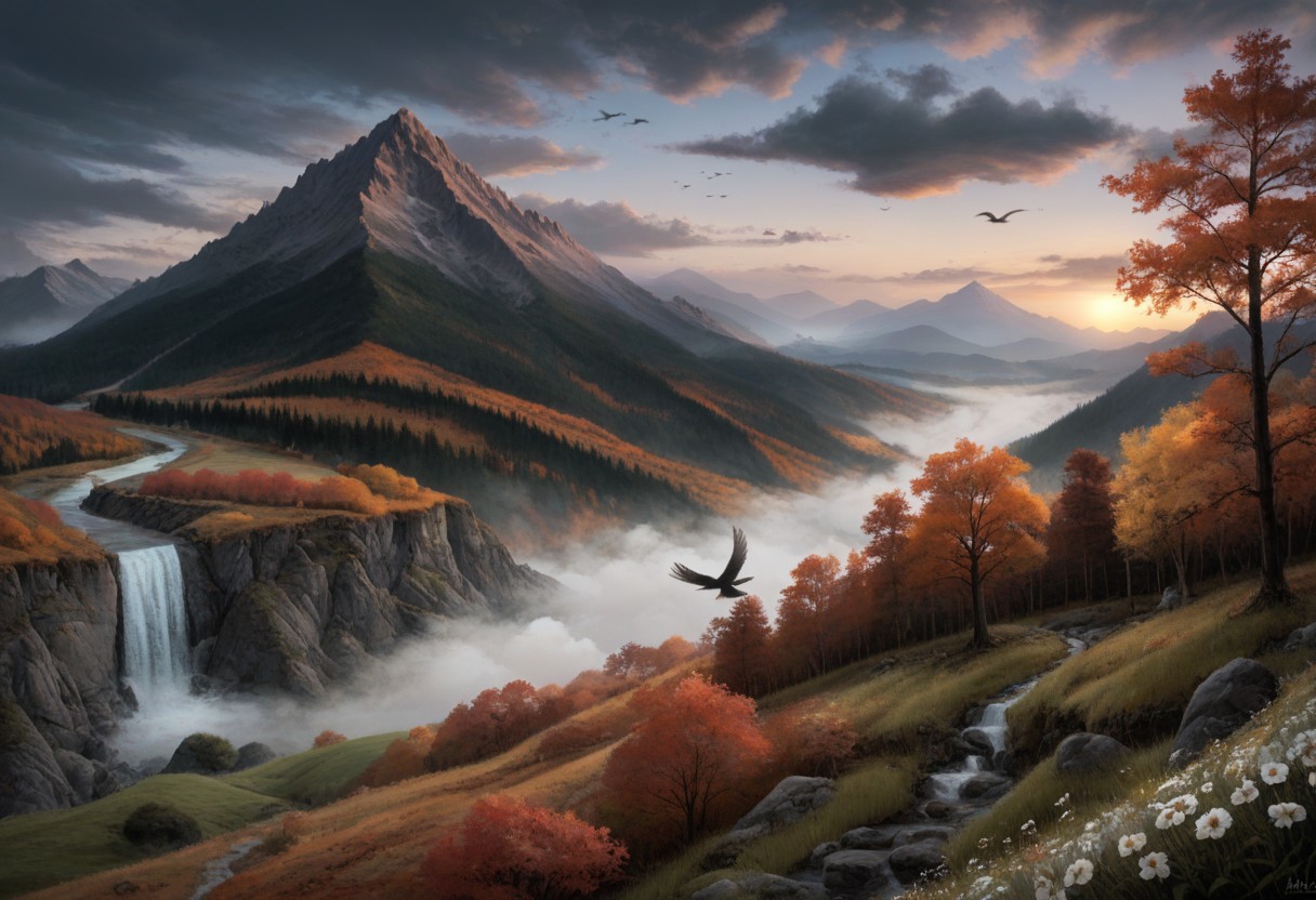 score_9, score_8_up, score_7_up, water, tree, leaf, scenery, mountain, planted, waterfall, fog flower, outdoors, sky, cloud, tree, no_humans, grass, cloudy_sky, crows, birds flying, star_\(sky\), nature, eerie, white flower, Edelweiss, mountain, field,  mountainous_horizon, landscape, sunset, clouds, (autumn:1.4)