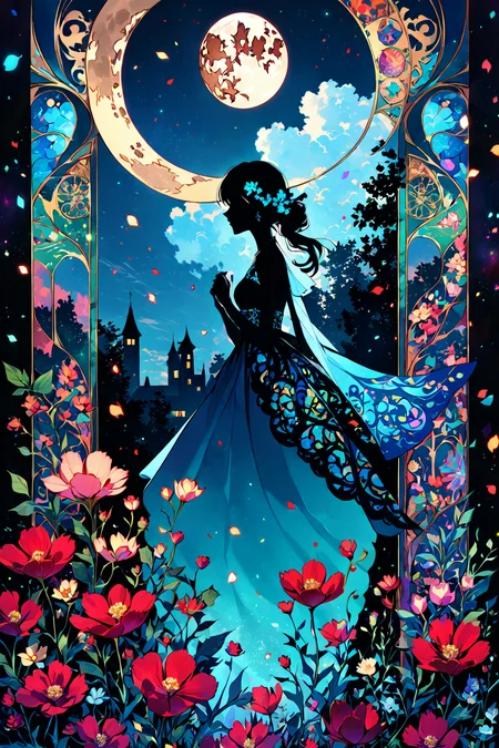 Jed-dblexpsre effect, 1girl, Moon, Depth of field, hdr, 8k wallpaper, cinematic shadows, double exposure, refractions, art nouveau, [(black background:1.2)::0.2], (kaleidoscope background:1.2), newest, highres, illustration, incredibly absurdres, ultra detailed, masterpiece, best quality, <lora:100_nvcmsdx_a:1> <lora:detailed_notrigger:1> <lora:DoubleExposure:1>