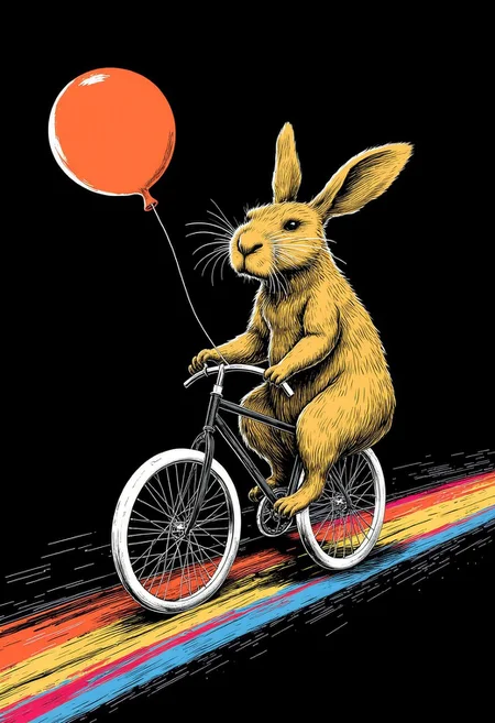 a graphic illustration of a gritty distressed evil little capybara baby with an orange balloon in his paw riding a bicycle, full-length, funny, horror, on a black background with colored stripes, emotions, movement, funny pose, intricate details, high details, colorful, chiaroscuro lighting,