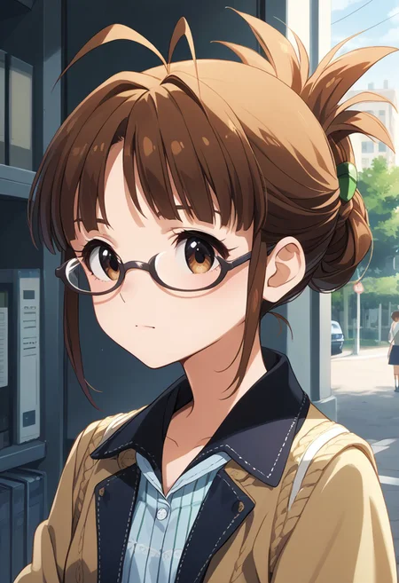 score_9,score_8_up,score_7_up,best quality, 4k, rating_safe, very aesthetic, source_anime,,akizuki ritsuko,antenna hair,folded ponytail,glasses,brown eyes,short hair,