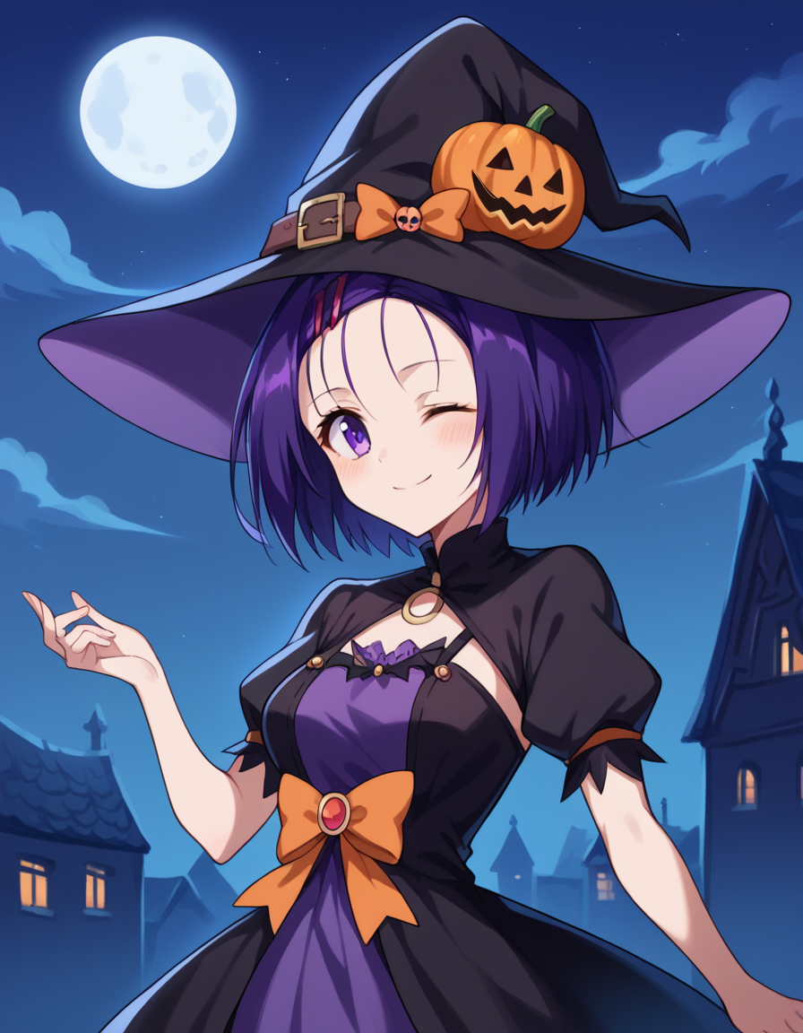 score_9, score_8_up, score_7_up, source_anime, <lora:haruna-sairenji-darkness-ponyxl-lora-nochekaiser:1>, haruna sairenji, hair ornament, hairclip, purple eyes, purple hair, short hair, swept bangs, forehead, medium breasts, <lora:witch-ponyxl-lora-nochekaiser:1>, witch, hat, witch hat, dress, halloween, halloween costume, jewelry,, night, moon, blush, smile, one eye closed,, looking at viewer