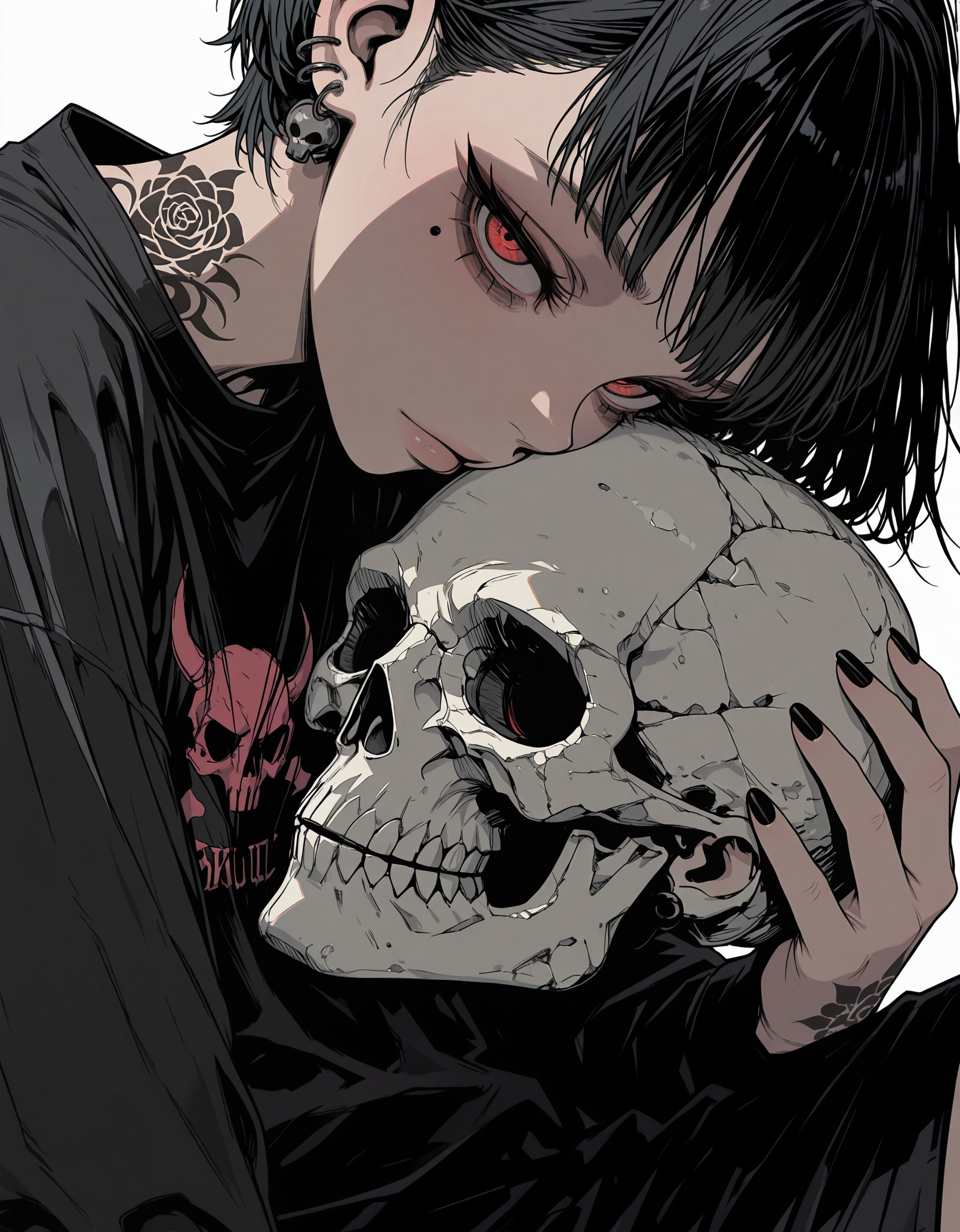 masterpiece, best quality,high quality, newest, highres,absurdres,  <lora:Sinozick_style-000019:1>,Sinozick_illu, 1girl, skull, tattoo, black hair, red eyes, solo, white background, piercing, ear piercing, simple background, holding skull, looking at viewer, holding, jewelry, earrings, black shirt, shirt, short hair, black nails, fingernails