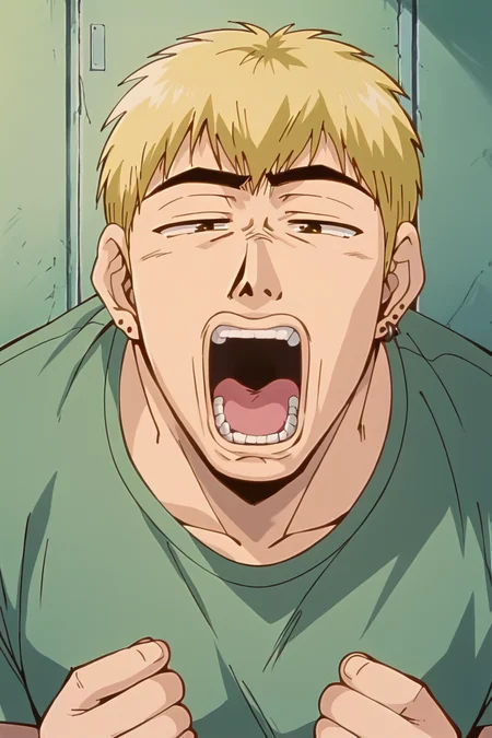 score_9, score_8_up, score_7_up, source_anime BREAK Ekiti Onizuka, muscular, blonde hair, brown eyes, short hair, ear piercing, t-shir, cargo pants, <lora:Ekiti_OnizukaSDXL:1>,((meme, meme face)), eyebrows down, tired, mouth wide open, nose pinch, yawning, hunched over, masterpiece, 4k, best quality