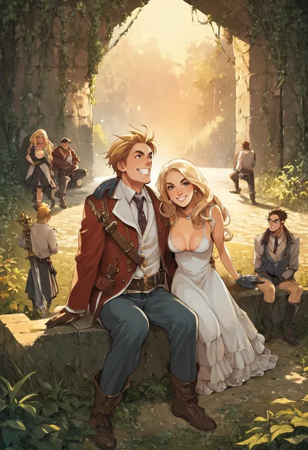 score_9, score_8_up, score_7_up,source_anime,anime coloring,perfect anatomy,cinematic_shadow,detailed_skins,
BREAK
 <lora:ekho:1>ekho, 1girl, smile, blonde hair, dress, breasts, long hair, gloves, 1boy, multiple boys, sitting, grin, weapon