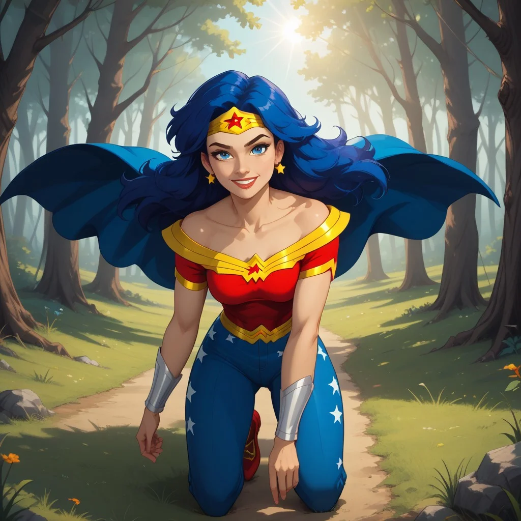 score_9, score_8, BREAK, solo, Diana_Prince_(DC_Super_Hero_Girls), Wonder Woman, blue eyes, long hair, navy-blue hair, dark skin, dark skin female, athletic, fit hourglass figure, earrings, hairband, red shirt with yellow highlights, blue jeans, star printed jeans, red boots, wings on boots, self portrait, smile, looking at viewer, outdoors, sunlight, shadows, evening lighting, natural lighting, forest, trees, grass, orange sky, sunset