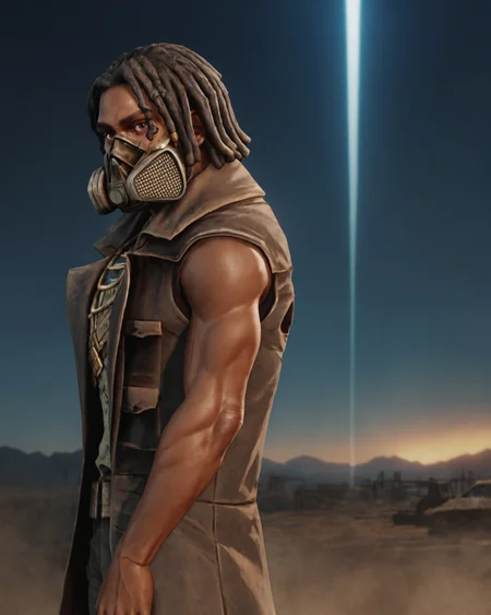 score_9, score_8_up, score_7_up, rating_questionable, intricately detailed, high resolution,<lora:Ulysses_Fallout_New_Vegas:0.8>, realistic,
1boy(u1ysses, ulysses_coat, ulysses_mask, african, dark brown skin, black hair, dreadlocks, sleeveless, brown leather coat, bandolier, undershirt with holes, muscular, cowboy shot, solo, looking at viewer), ,
postapocalyptic wasteland, at night, night, darkness
,
side view,
<lora:ral-chrosc-clr:0.7>, ral-chrosc-clr,
<lora:Expressive_H:0.5>
<lora:xl_more_art-full_v1:0.3>,
<lora:add-detail-xl:0.3>