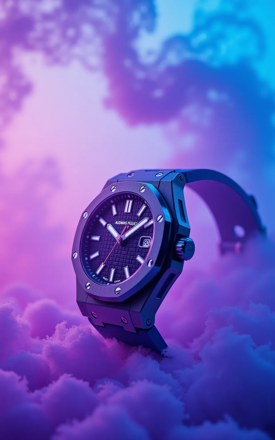 Realistic product commercial blockbuster, A close-up view of a Audemars Piguet watch,
Minimalist style, the background is soft in purple and pink gradient tones,
no humans, still life,Realistic product commercial blockbuster,vivid dreamscapes,  saturated pigments, Blue and purple smoke，rainbow,light particles,multicolored Smoke,gradient light blue and white sky,
cinematic photo This is a poster about the One cyan ten color，It has a realistic picture effect，The picture is messy and extremely rich in details，(The theme text of the poster is: "XUER":1.2)，One line apart,(the subtitle below reads: "One cyan ten color":1.2),
unconventional supreme masterpiece,masterful details,temperate atmosphere,see-through,