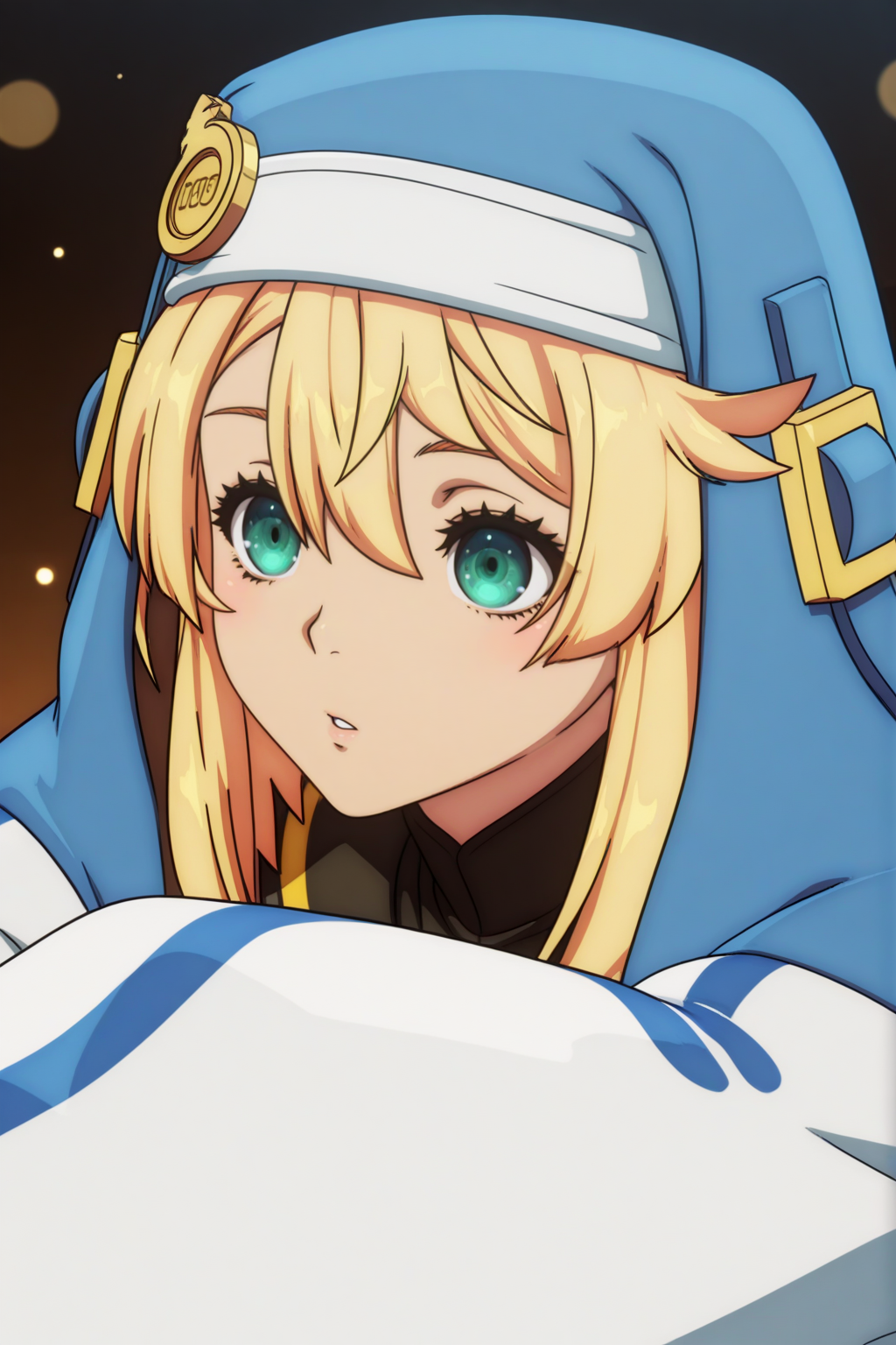 anime style, anime coloring,  Bridget, otoko no ko, Bokeh effect in the background, adding depth and highlighting the character., Lying down with a coy expression <lora:Guilty_Gear_Strive_-_Dual_Rulers_-_Bridget_-_illustrious:0.8>