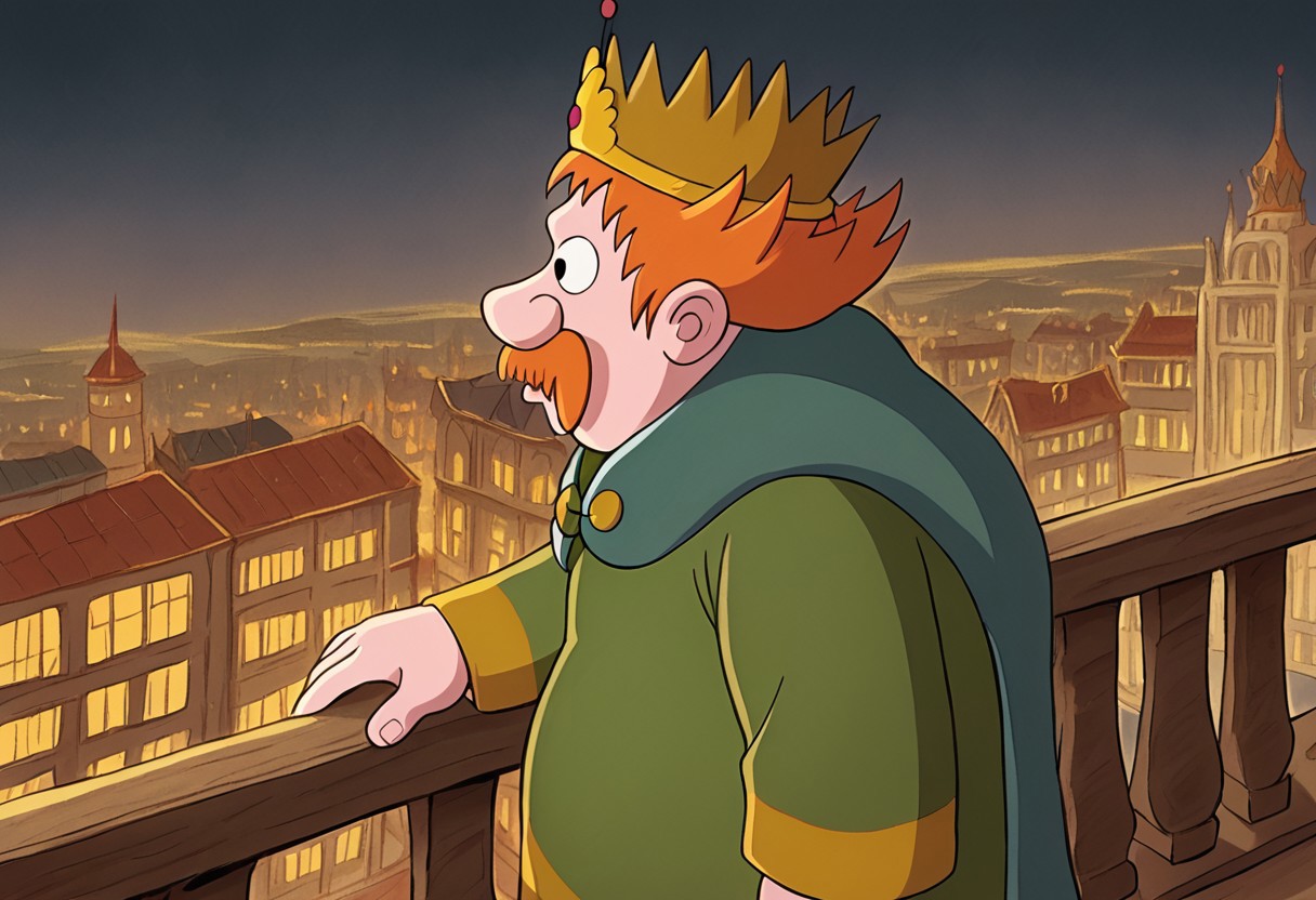solo, 1boy, male, detail background, cartoon style, 2d, masculine, round face, wide face, broad shoulders, big belly, round ears, orange hair, spiky hair, orange thick mustache, prominent nose, no eyebrowns, big eyes, round eyes, black eyes, messy hair, thick neck, fat, plump body, round belly, green tunic, long green tunic, yellow trim, loose robe, blue cape, cape with yellow trim, cape clasp, brown boots, golden crown, leaning on a balcony railing, gazing over a cityscape at night, an apartment balcony overlooking a brightly lit city, sasual purple shirt, gray pants. from above, profile view