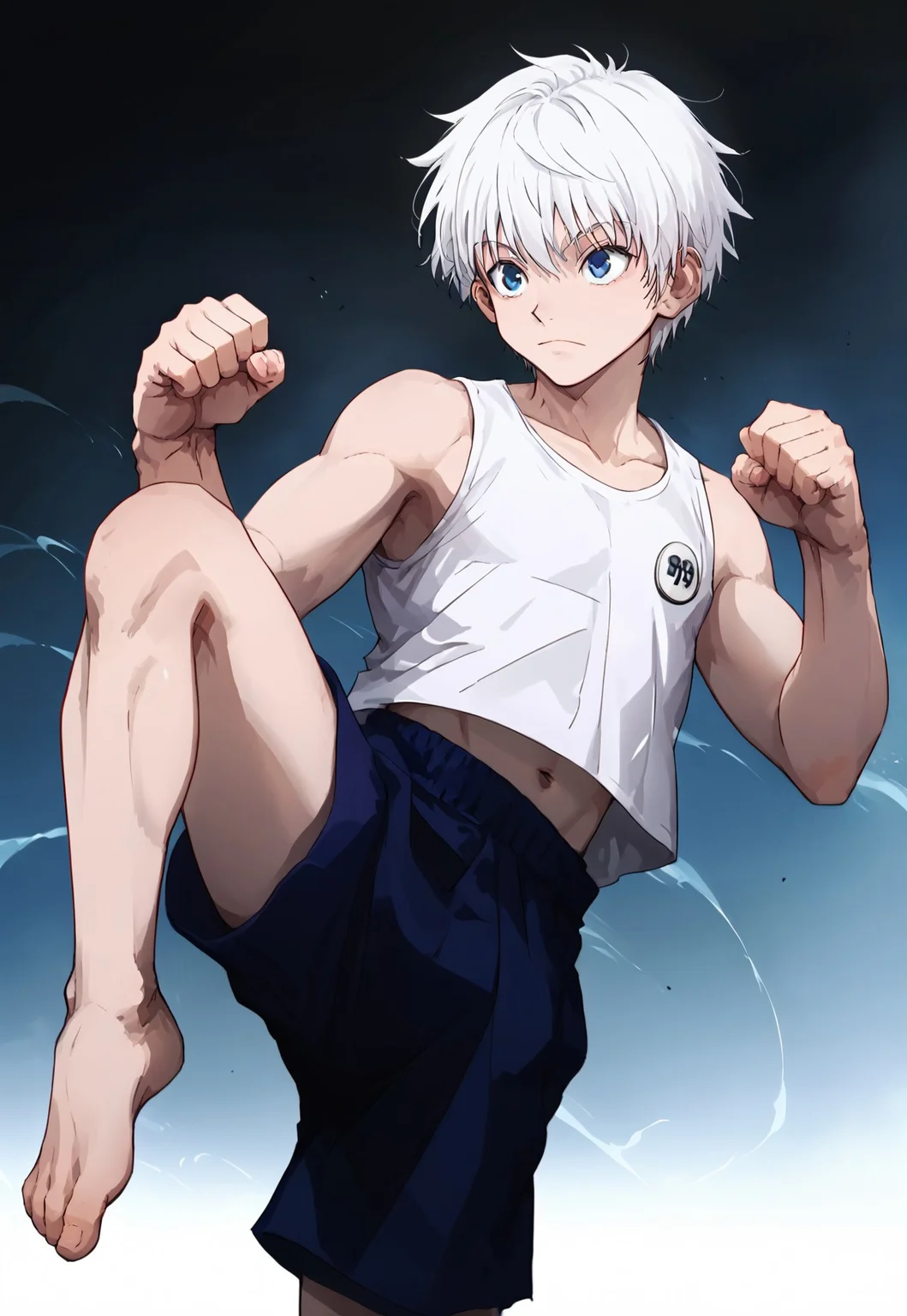 safe_pos, score_9_up, score_8_up, score_7_up,anime source,(realism:0.8) , best quality, lots of details, clear outline, leg kick fighting stance, incoming attack,teep fighting stance,martial arts,
, 1boy,killua_zoldyck,,solo, 18yo, bishounen, emaciate physique , ,handsome:1.3,male focus, thin body, short hair, white hair, blue eyes,,blue eyestsurime,detailed eyes, expressioless,light smile, , detailed face,colorful,
tank shirt,sleeveless,booty shorts,narrow shoulder,thin chest,navel,
screen focus on upper body,
perfect shooting angle,
outdoor ,
great anatomy,