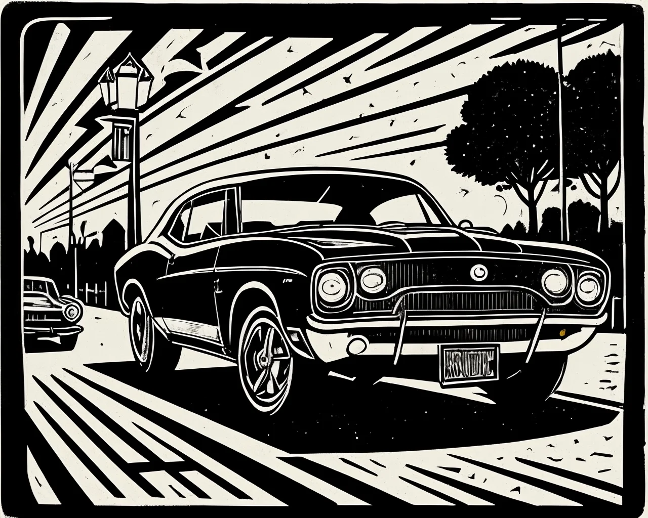 drckgrfk style image, wide shot of a single far-away muscle (car:1.1) under a (street lamp:1.1) in a parking lot at night, (bright light:1.3) in the darkness <lora:dreamlookai_stable-diffusion-v1-5_step_2200_b53ad249_lora [drckgrfk style]:1.4>