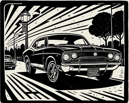 drckgrfk style image, wide shot of a single far-away muscle (car:1.1) under a (street lamp:1.1) in a parking lot at night, (bright light:1.3) in the darkness <lora:dreamlookai_stable-diffusion-v1-5_step_2200_b53ad249_lora [drckgrfk style]:1.4>