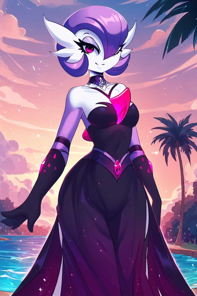 score_9, score_8_up, score_8, medium breasts, (curvy), cute, eyelashes,       BREAK, , zzshinygardevoir, purple hair, dress, bare shoulders, medium breasts, standing, collarbone, black dress, gloves, elbow gloves, strapless dress <lora:Shiny_Mega_Gardevoir_PDXL:1.0>,    , BREAK, smile, looking at viewer, cowboy shot, ,,, outdoors, sky, day, cloud, tree, blue sky, sunny,  ,,, Expressiveh, ,,, <lora:Alola_Style_PDXL:0.8>, <lora:Expressive_H-000001:0.4>,