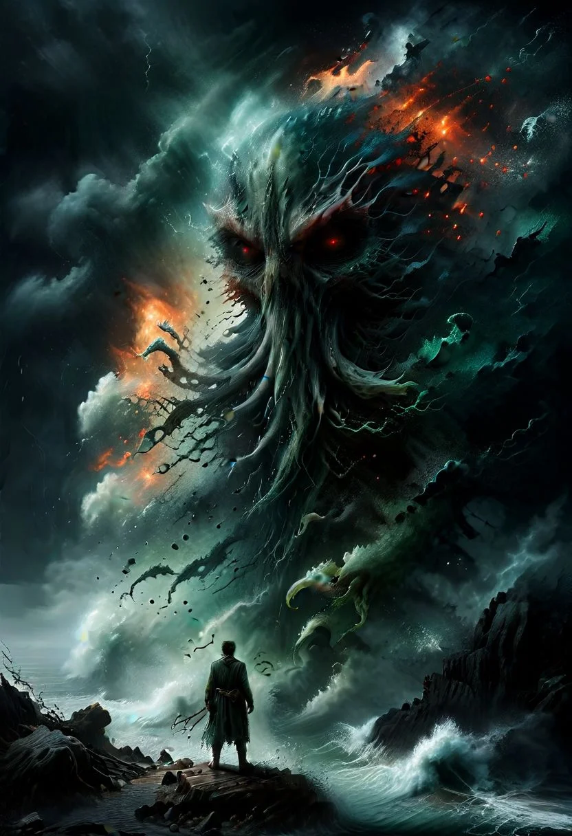 Dark, foggy, moody, in the style of Dariusz Zawadzki,
Obscured by a thick sickly green mist, gigantic Cthulhu rises from the raging sea, its squid-like body is a mass of writhing tentacles, red eyes burning,
(The figure of a man stands on rocks in the foreground:1.4),
Lovecraftian, surrealism, nightmare, horror, cliffs, storm, waves,
ral-dissolve,