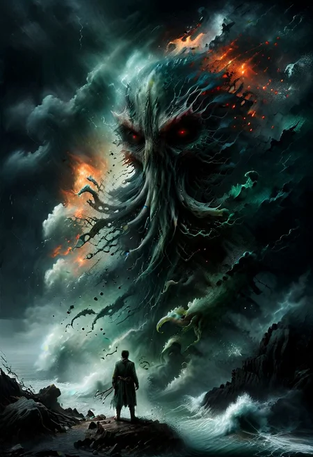 Dark, foggy, moody, in the style of Dariusz Zawadzki,
Obscured by a thick sickly green mist, gigantic Cthulhu rises from the raging sea, its squid-like body is a mass of writhing tentacles, red eyes burning, 
(The figure of a man stands on rocks in the foreground:1.4), 
Lovecraftian, surrealism, nightmare, horror, cliffs, storm, waves,
ral-dissolve,