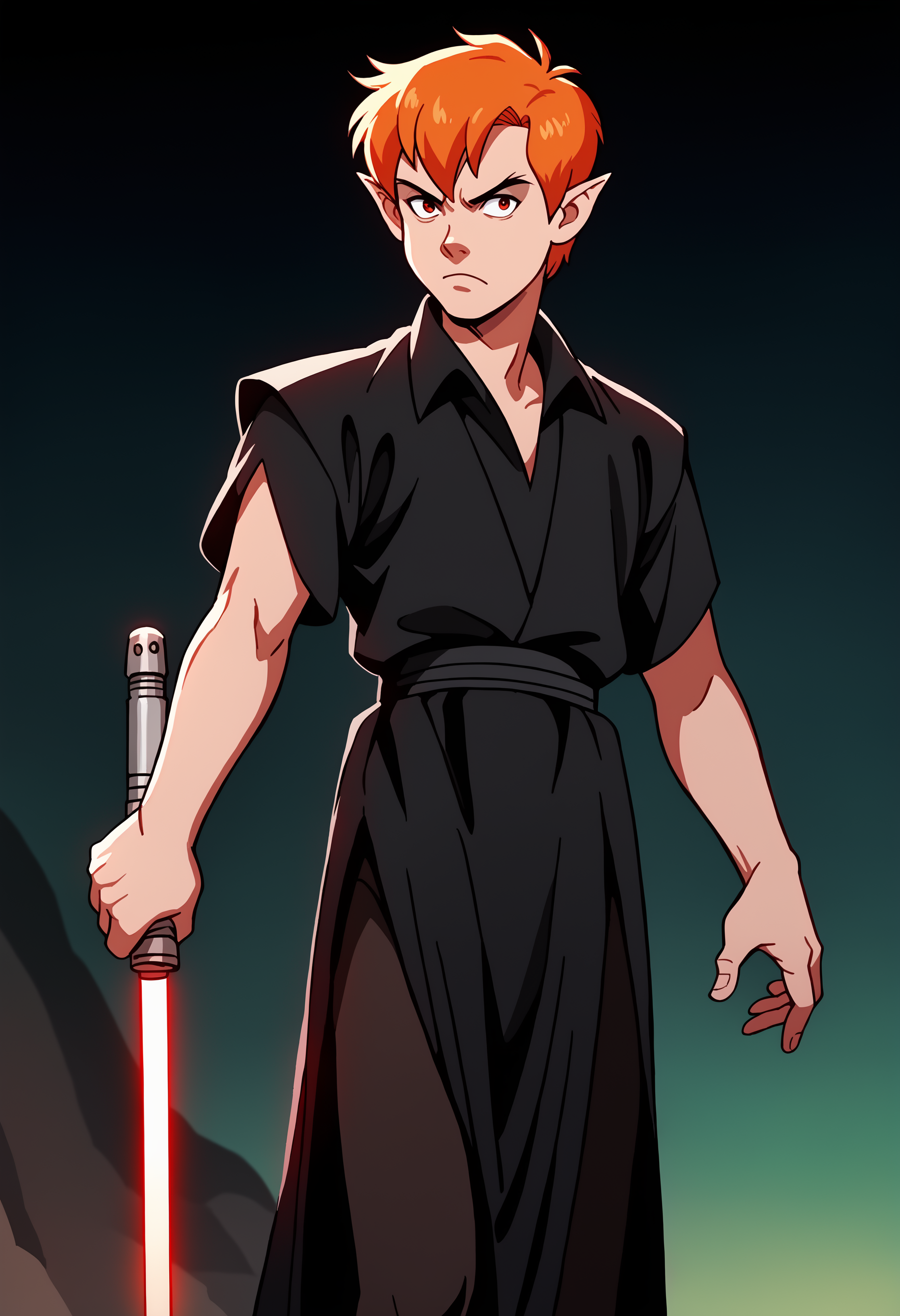 sith outfit,male,black outfit,black sith robes,score_9, score_8_up, score_7_up, score_6_up, score_5_up, ,source_anime, anime screencap, anime coloring, official style, looking at viewer, 1boy, solo, male focus, fantasy, peter pan, short hair, orange hair, pointy ears,lightsaber<lora:peterpan_adam_02:0.8>
,<lora:SithPony-000030>