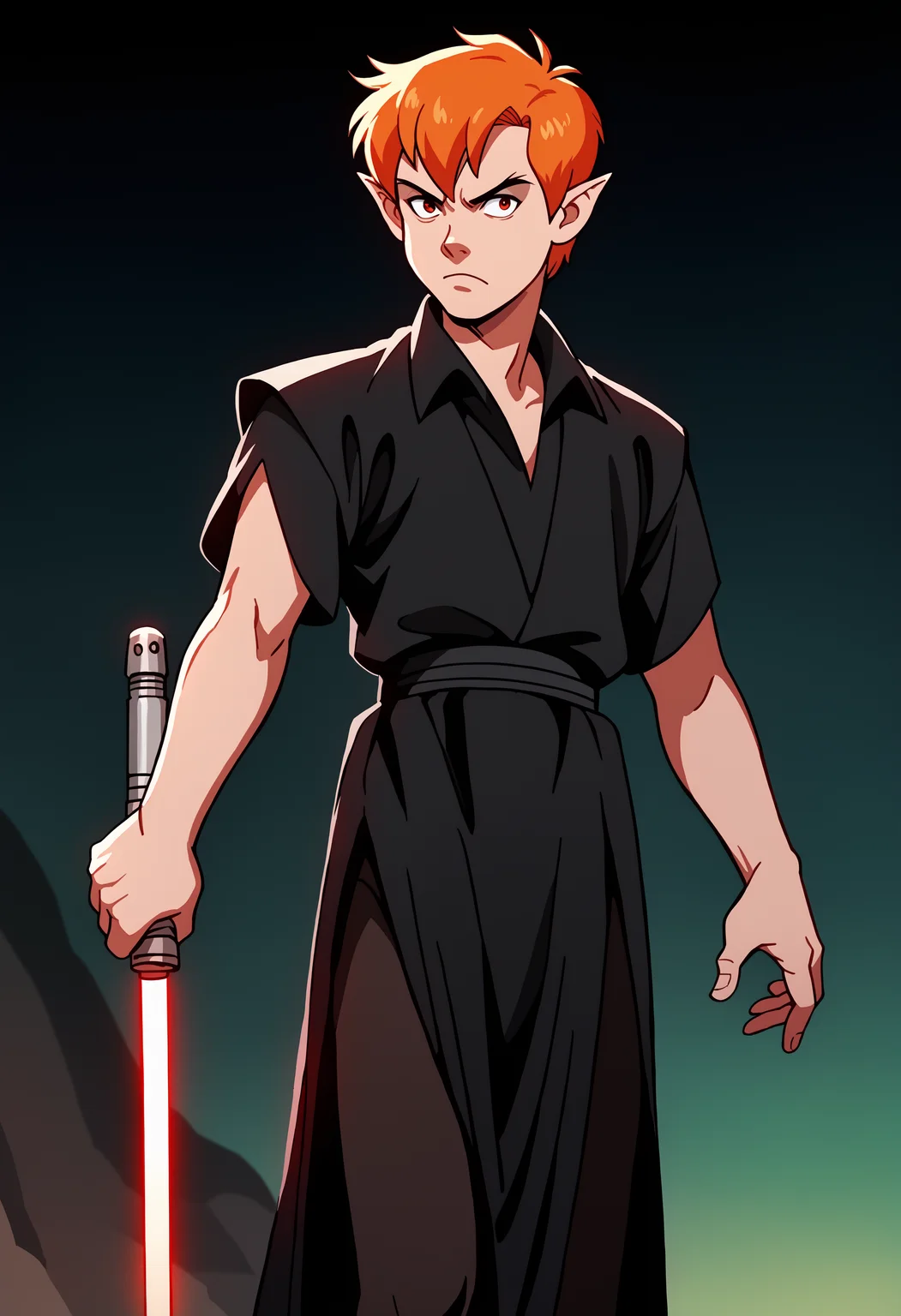 sith outfit,male,black outfit,black sith robes,score_9, score_8_up, score_7_up, score_6_up, score_5_up, ,source_anime, anime screencap, anime coloring, official style, looking at viewer, 1boy, solo, male focus, fantasy, peter pan, short hair, orange hair, pointy ears,lightsaber<lora:peterpan_adam_02:0.8>
,<lora:SithPony-000030>