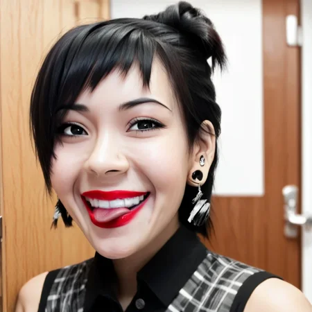 tongue out, black hair, wearing plaid shirt and earrings, grin, portrait, greyscale, wearing black shirt, half red half white wall in background with wood door at the side, white blurry background, wearing cyan sleeveless shirt, black eyes, close-sup of face, lipstick, hair tied up, white backdrop, upper body shot