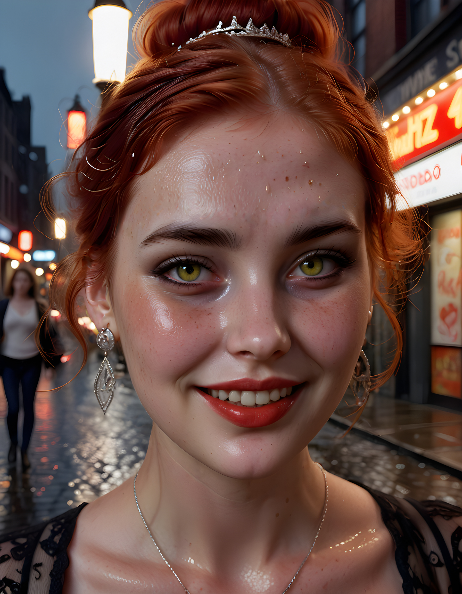 In a gritty, noir-inspired urban setting, a close-up shot captures H4Z3L6, a woman with warm freckles and expressive brown eyes framed by fiery red hair pulled back into a tight bun. Her lips part slightly in a knowing smile, revealing a glint of silver earrings. The contrast between her pale complexion and the deep shadow cast by the brim of her fedora adds an enigmatic air to the image. The camera angle is low, looking up at her from below, emphasizing her cleavage adorned with delicate lace and the intricate design of her top. A single streetlight casts a soft, yellow glow on her face, illuminating the subtle details of her makeup and highlighting the individual freckles scattered across her nose and cheeks. The background is a blurred mosaic of neon signs and rain-soaked cobblestones, hinting at the city's seedy underbelly, while the emotional tone is one of confidence and allure, inviting the viewer into her mysterious world.