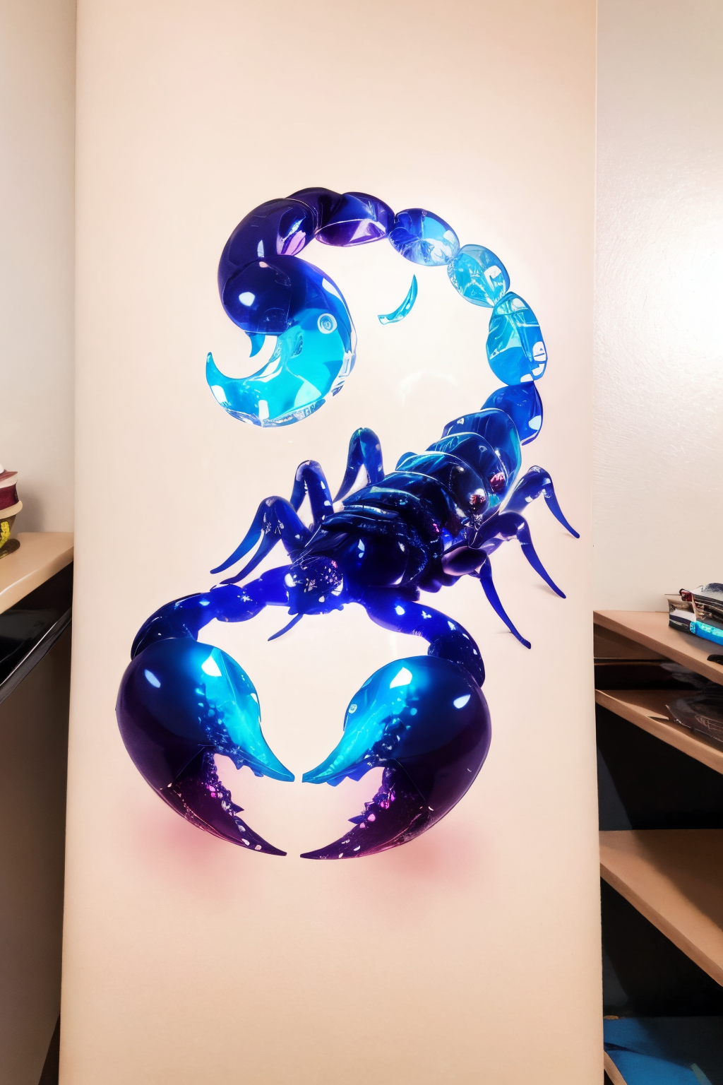 (Realistic:1.5) EdobScorpion, arm cannon, desert, extra arms, blood, retro artstyle, crystal hair, tree, jellyfish, crystal, blue hair, photo background,  <lora:EdobScorpionArtistic_v1.0:0.8>