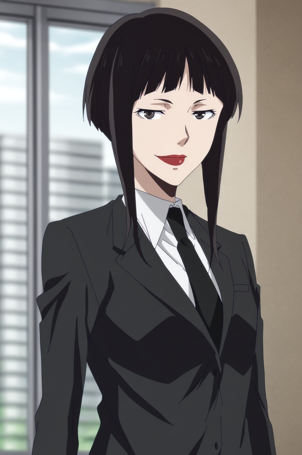 <lora:verone:0.8>, Amamiya, rating all, solo, looking at viewer, smile, black hair, necktie, makeup, formal, suit, lipstick, anime coloring
