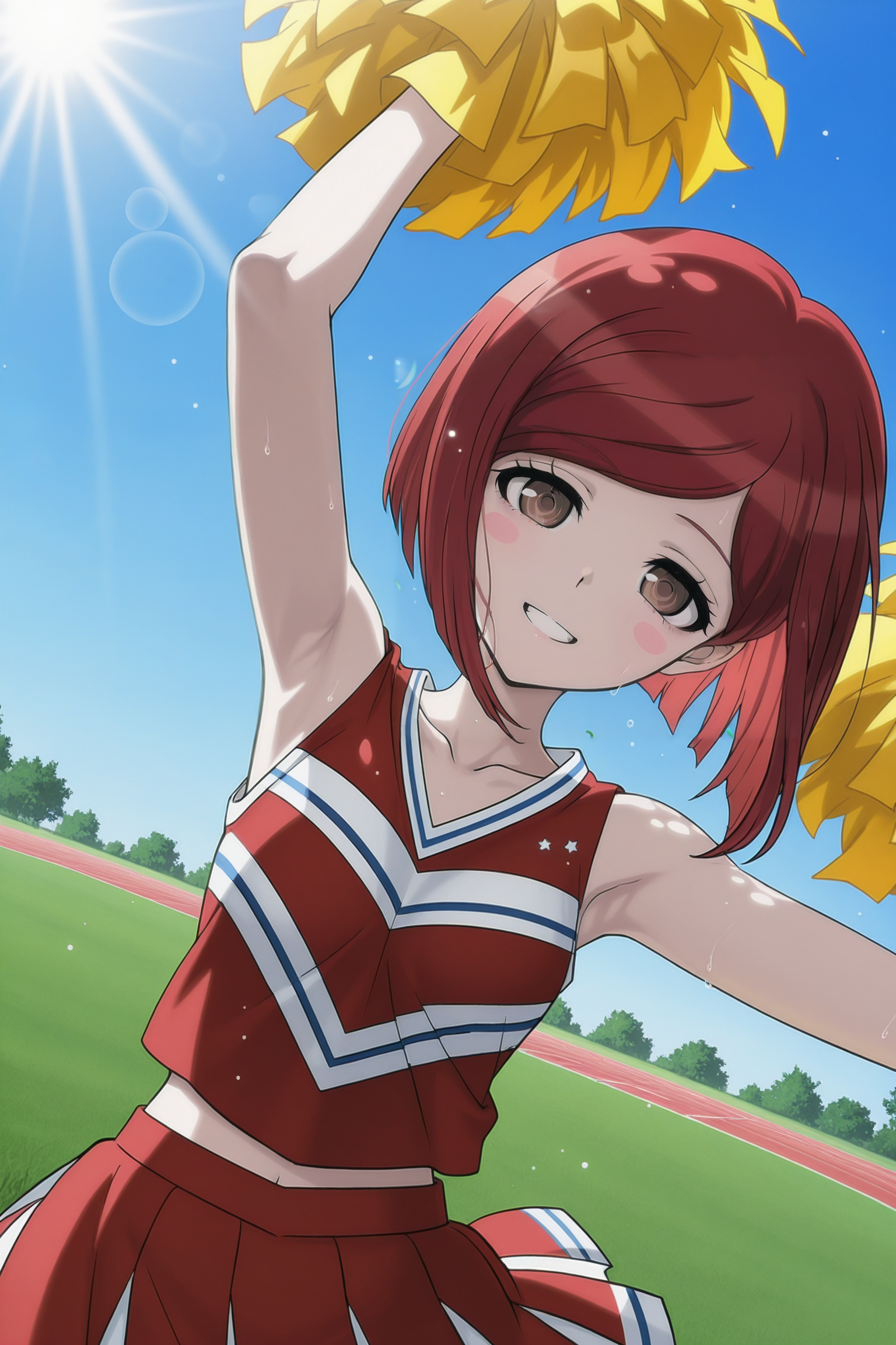 anime screencap, masterpiece, best quality, amazing quality, very aesthetic, absurdres,  newest, (scenery, volumetric lighting),
yumeno himiko, short hair, bangs, brown eyes, pale skin, red hair, blush stickers, bob cut,
cheerleader, sun, lens flare, cowboy shot, dutch angle, outdoors, field, day, blue sky, pom pom \(cheerleading\), grass, dappled sunlight, light rays, light particles, collarbone, smile, looking at viewer, teeth, arms up, armpits, 
 <lora:HimikoYumeno_IL:0.8>