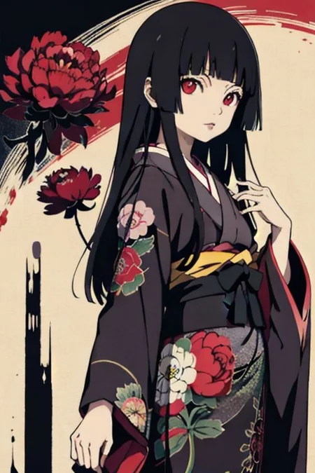 enma ai, hair down, hair black, bangs, eyes red, masterpiece, best quality, ultra-detailed, illustration, 1girl, solo, highres, photorealistic, ultra high res, (Original illustration composition), (fusion of limited color, Maximalism artstyle, kimono obi fashion, double exposure, background, illustration, Amazing, lily spider, night darkness, open one's mouth, flowers red, (polychromatic peony:1.15), Movie poster,