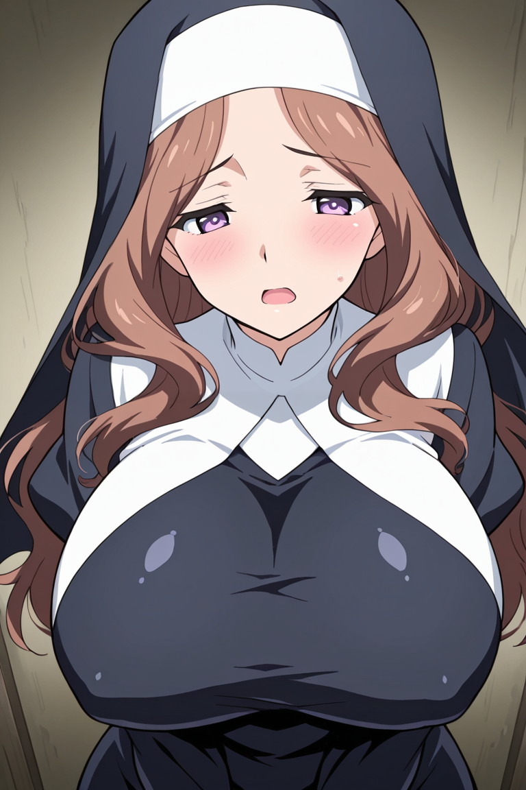 masterpiece, best_quality, 8k, ,source_anime, , , 1girl, , solo, brown hair, , open mouth, , purple eyes, , long hair, blush, breasts, huge breasts, nun