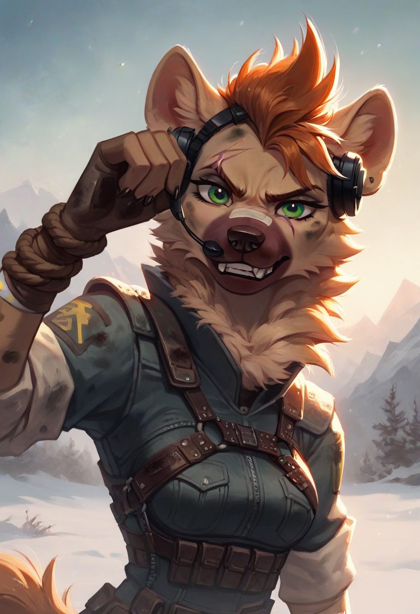 score_9, score_8_up, score_8, Furry, Anthro, Hyena, Female, fang, whiskers, fluffy fur, light brown big Faux hawk, medium breast, green eyes, fluffy neck fur, dirty clothing, dirty, old clothing, wearing scrap armor with pouches, leather harness with pouches, rope neckless with teeth, one military earpiece headset, digital painting, solo, portrait,  flat color, soft lighting, Rolled up sleeves, head shot, Angry look on face, 5finger, Frozen wasteland city in background, snow, looking at viewer, 1scar on nose, gauze bandage around upper arm,