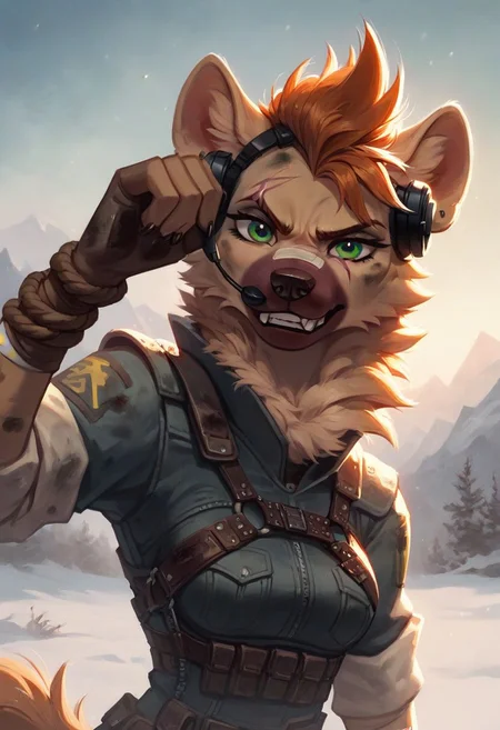 score_9, score_8_up, score_8, Furry, Anthro, Hyena, Female, fang, whiskers, fluffy fur, light brown big Faux hawk, medium breast, green eyes, fluffy neck fur, dirty clothing, dirty, old clothing, wearing scrap armor with pouches, leather harness with pouches, rope neckless with teeth, one military earpiece headset, digital painting, solo, portrait,  flat color, soft lighting, Rolled up sleeves, head shot, Angry look on face, 5finger, Frozen wasteland city in background, snow, looking at viewer, 1scar on nose, gauze bandage around upper arm,