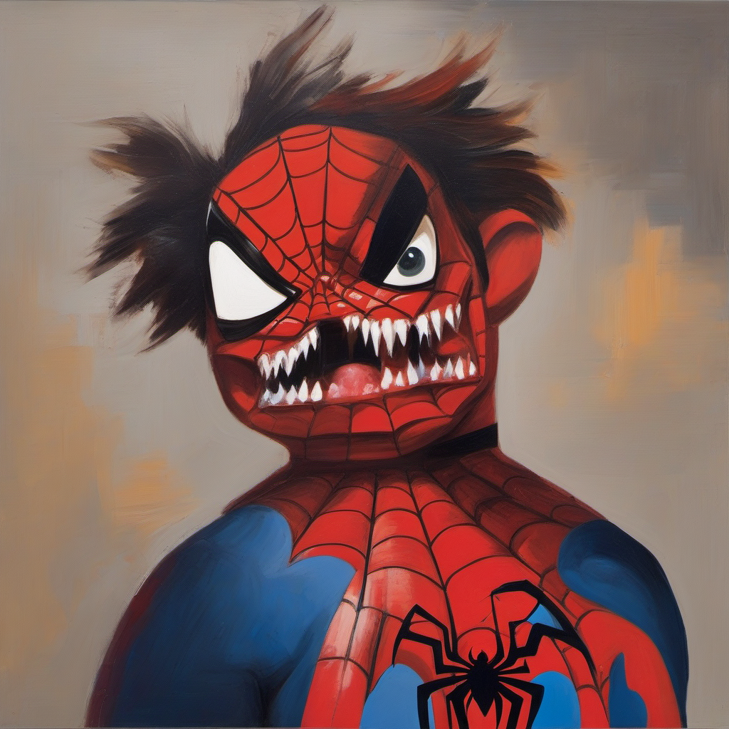 painting of Spiderman with sharp teeth, George Condo Style, horror(theme),   <lora:MBTDF xl-000004:0.9>
