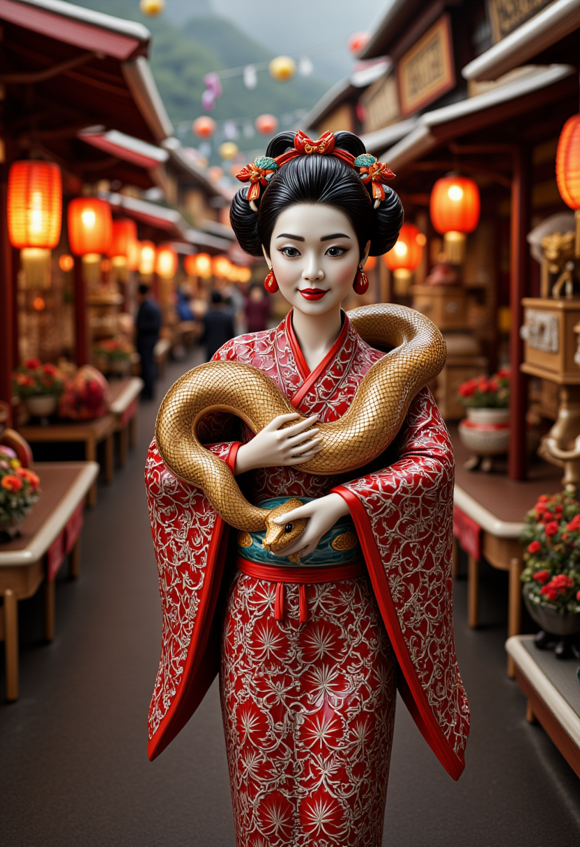 focus on the snake, A highly detailed and realistic image of a traditional Japanese woman wearing authentic 1970s Japanese attire, carrying a beautifully crafted ceramic snake with intricate patterns. He is walking through a lively Japanese carnival filled with vintage details, including old-style Japanese lanterns hanging from shop fronts and colorful decorations typical of the era. The background features small shops and stalls with traditional wooden designs, glowing softly under the warm light of the lanterns, creating a nostalgic and festive atmosphere. cer1micsn1ke  <lora:FLUX_cer1micsn1ke_LoRA:1>  <lora:detailifier_sd3.5:1> detailifier