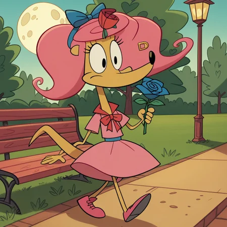 score_9, score_8_up, score_7_up, score_6_up, score_5_up,
best quality, masterpiece, thinking, smirks, Full Body, Romantic, Small Body, Furry, looking_pleasured, 1girl, solo, furry, Patsy_CL, tail, black eyes, bright pink hair, pink dress, red bow, blue rose, park, outside, full moon, walking, benches, street