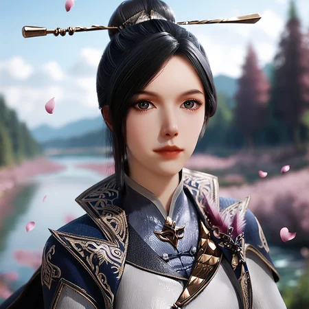 score_9_up,score_8_up,score_7_up,score_realistic,photograph,(upper body),looking at viewer,1girl,solo focus,single hair bun,hair ornament,hair pins,hair stick,high collar chinese clothes,blue cape,outdoors,day,sky,river,forest,(falling petals),falling petals,soft_focus,blurry background,depth of field,foreshortening,<lora:æç½å¤§é2-å¨æ¼ªãPonyã-11:0.85>,<lora:ç¼é¨ç»èå¢å¼ºãPonyã:0.65>,<lora:Stable_Yogis_PDXL_Positives:1>,